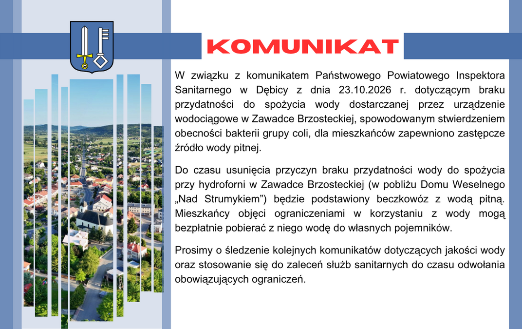 !!UWAGA!! Komunikat o braku przydatności wody przeznaczonej do spożycia przez ludzi dla mieszkańców Zawadki Brzosteckiej