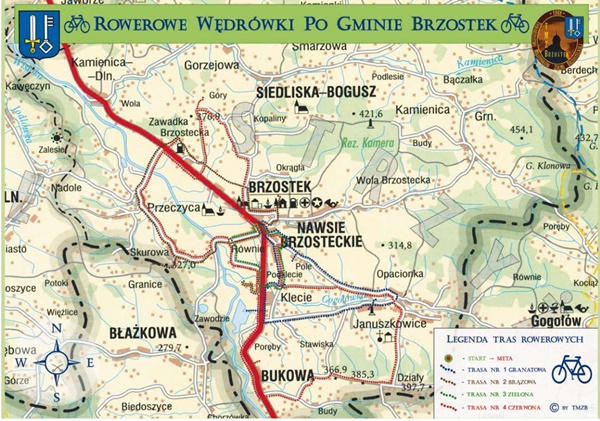 mapa z trasami rowerowymi wyznaczonymi w Gminie Brzostek