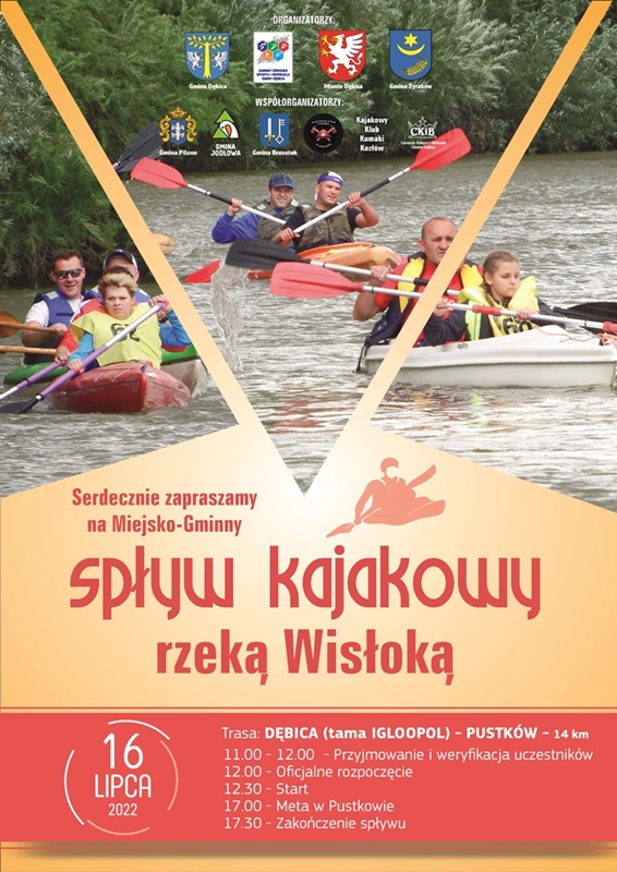 plakat informujący o spływie kajakowym rzeką Wisłoka organizowanym przez Gmina Dębica