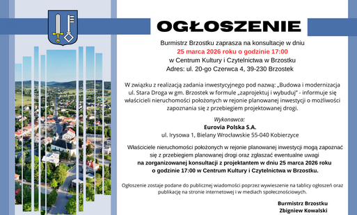 Zdjęcie do Ogłoszenie Burmistrza Brzostku o terminie konsultacji w sprawie modernizacji ul. Stara Droga