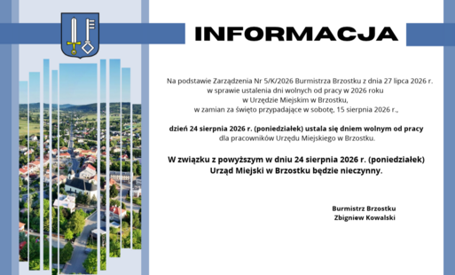 Zdjęcie do Urząd Miejski w Brzostku nieczynny w dniu 24 sierpnia 2026 roku.