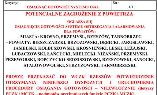 Zdjęcie do WAŻNY KOMUNIKAT - POTENCJALNE ZAGROŻENIE Z POWIETRZA - ZAGROŻENIA Z POWIETRZA ODWOŁANE !!!